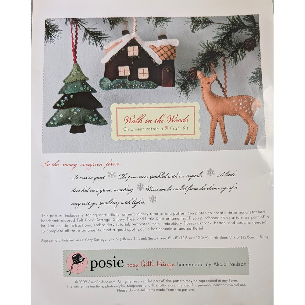 Posie Alicia Paulson Walk in the Woods Felt Ornament Craft Kit Pattern DMC Floss